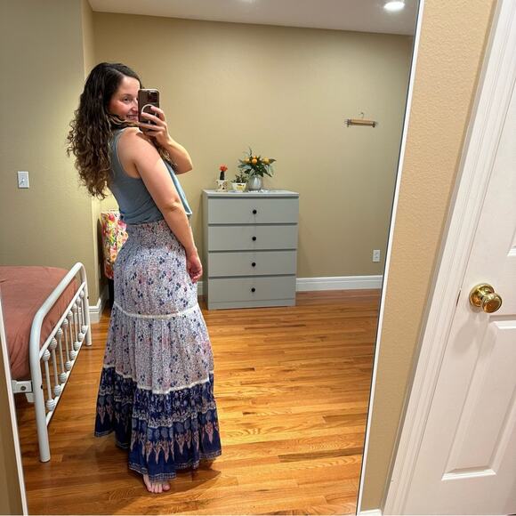 NWT Alicia Bell Blue Pink Boho Floral Cotton Silk Maxi Skirt Large - Picture 2 of 14